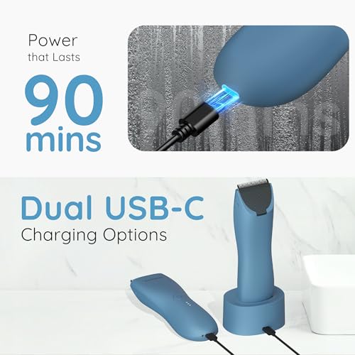 Body Hair & Pubic Hair Trimmer for Men & Women, Painless Electric Body & Bikini Shaver | Waterproof, Type-C Rechargeable, LED Light, Replaceable Blade, Manscape Personal Groomer (Denim Blue)