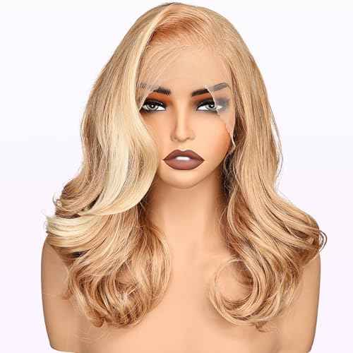 SISgrace 13¡¿6 Pre Plucked HD Lace Front Wigs Pre Layered Body Wave Natural Hairline Synthetic Glueless Wigs for Women 18 Inch Tiny Knots Lace Bob Wigs (Blonde with White Highlight)