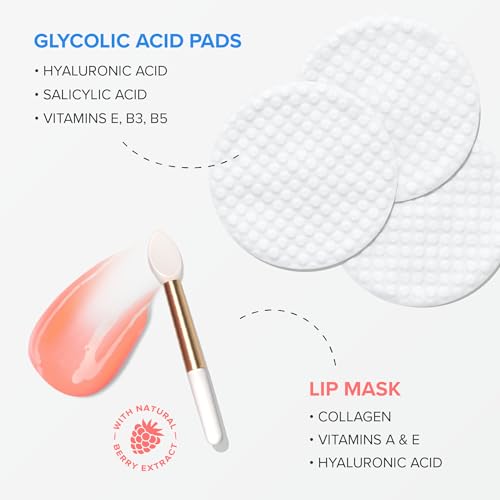 MAREE Bundle - Lip Mask & Glycolic Peel Pads - Hyaluronic Acid & Coconut Oil - Salicylic Acid & Vitamins E, B3, B - Nourish & Hydrate Dry Cracked Lips - Face Pads with Cleaning Effect