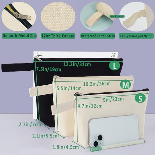 12PCS Canvas Makeup Bags Bulk, 12x8'' Large 12Oz Thick Cotton Canvas Zipper Pouches for Cosmetic Toiletries Oragization, Plain Beige Makeup Bag to Personalize (Beige, L, 12.2x7.4x 2.7'')