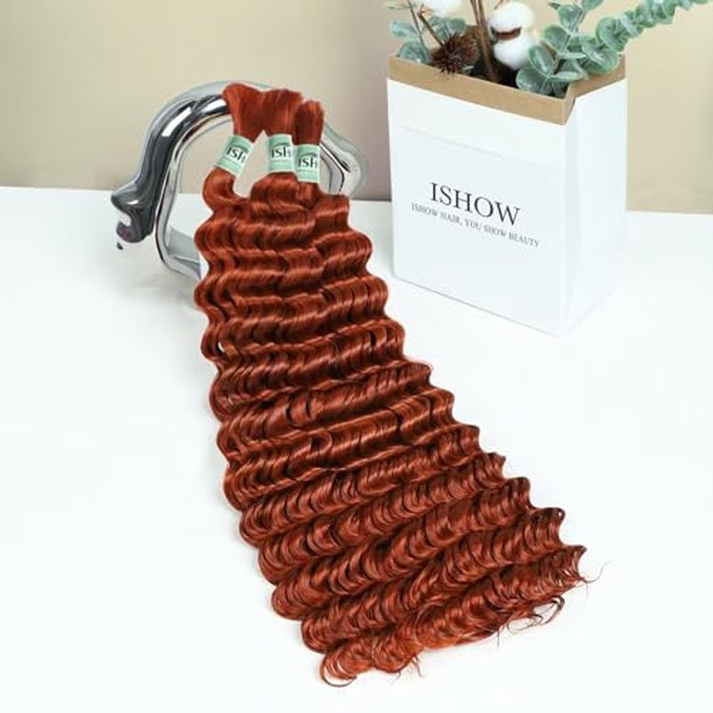 ISHOW 15A Deep Wave Bulk Human Hair, 18 Inch, Dark Ginger, 3 Packs