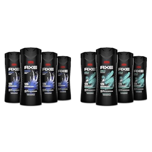 AXE Body Wash Phoenix 4 Count 12h Refreshing Scent Crushed Mint & Rosemary Men's Body Wash 16 oz & Body Wash Apollo 4 Count for Long Lasting Freshness Sage & Cedarwood Men's Body Wash 16 oz