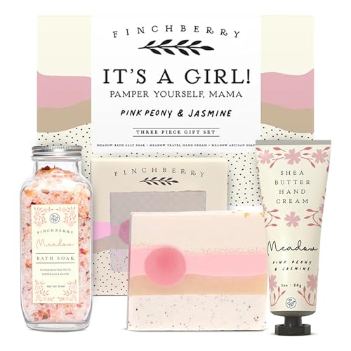 FinchBerry 3-Piece Gift Set - It¡¯s A Girl! Baby Shower Gift, New Mom Care Package, First-Time Mom Gifts, Baby Girl Gift ? Includes Handmade Shea Butter Soap(4.5oz), Bath Soak (20oz) & Hand Cream (1oz)