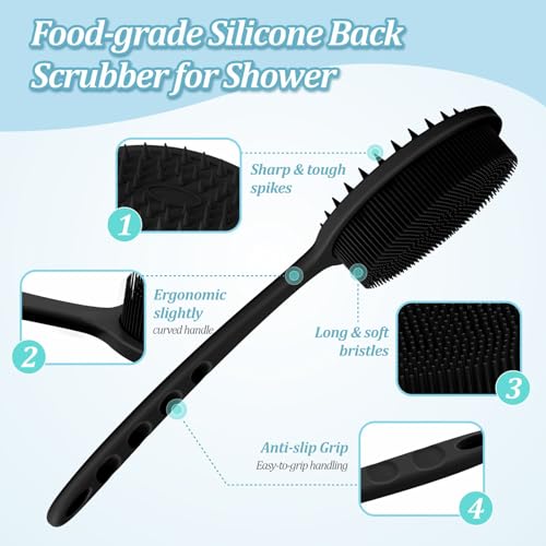 Silicone Back & Body Scrubber Set - Dual-Side, 13.4'' Long Handle