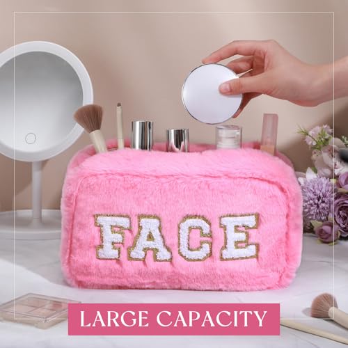 Paterr 4 Pieces Preppy Makeup Bag Chenille Letter Faux Fur Fluffy Bag Preppy Stuff Face Skin Hair Stuff Cute Toiletry Cosmetic Travel Bags Pouch with Zipper for Girls Women(Pink)