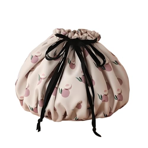 Large Capacity Drawstring Makeup Bag - Lightweight Oxford Fabric Cosmetic Organizer with Fruit Print, Travel Toiletry Pouch for Women & Beauty Lovers (Portable, Effortless Storage)(Peach powder)
