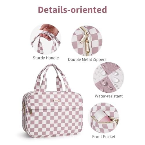 Narwey Hanging Toiletry Bag for Women Checkered Travel Makeup Bag Organizer Cosmetic Make up Toiletries Bag for Travel Essentials Accessories (Dusty Pink Checkerboard, Medium)