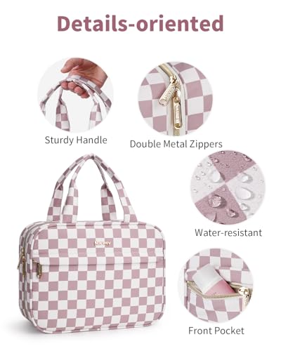 Narwey Dusty Pink Checkerboard Medium Hanging Travel Toiletry Bag for Women