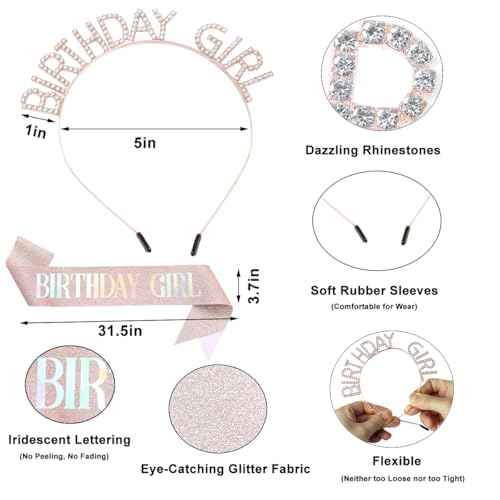 Rose Gold Birthday Girl Sash,Headband,Happy Birthday Banner,Hanging Swirl Decorations,Rhinestone Tiara Crown for Princess,Gift for Women.
