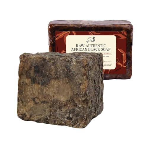 African Black Soap, 8oz, for Face and Body, with Shea Butter, Coconut Oil, Palm Kernel Oil, Cocoa Ash, Plantain Ash, Rich in Vitamin A & E