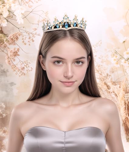 Baroque Pearl Crystal Bridal Tiara Crown in Gold (Variation: Gold-light blue) for Weddings & Prom
