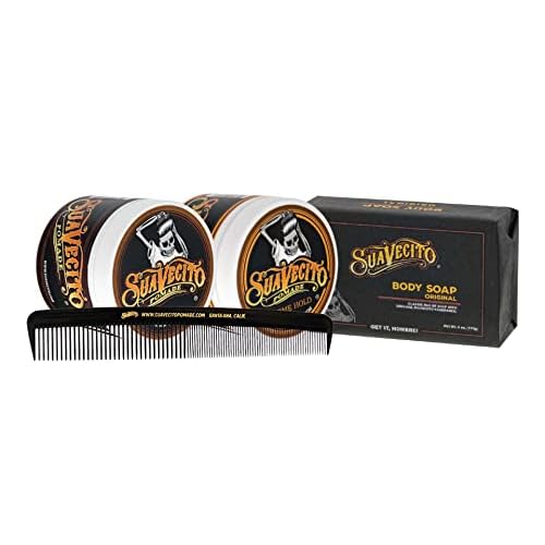 Suavecito Men's Hair Grooming Set OG & Firme (Strong) Hold Pomade, Body Soap, Large Deluxe Comb & Sand Canvas Bag