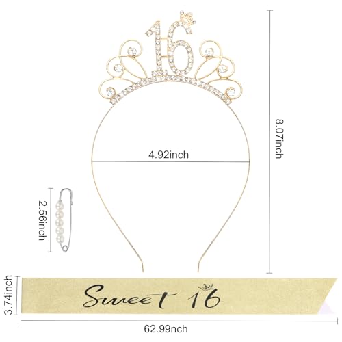 YARIEW Sweet 16 Birthday Sash Headband, Sweet 16 Birthday Decorations for Girls, Birthday Crown and Sash, 16th Birthday Gifts for Girls, Sweet Sixteen Gifts for Girls Gold