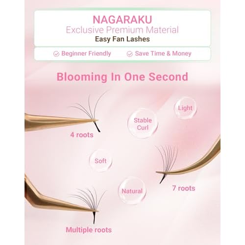 NAGARAKU Easy Fan Eyelash Extensions Volume Lashes 5 Trays in 1 Pack Easy Fanning Pesta?as Lash Extension Rapid Blooming Soft Clusters for Beginners Beauty Salon (0.07 D Curl 8-15mm Mix)