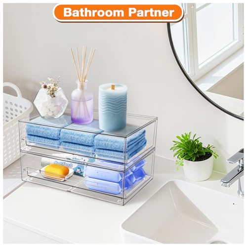 Clear Stackable Storage Drawers,2 Pack Plastic Organizers Bins for Makeup Organizer,Bathroom Makeup Organizer for Palettes,Cosmetic, and Beauty Supplies,Ideal for Vanity, Cabinet,Desk Organization