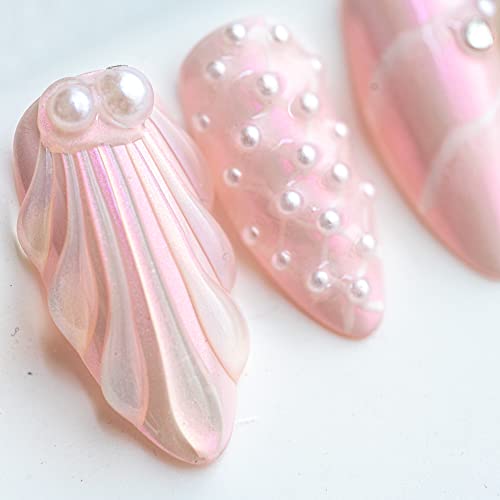 Sun&Beam Nails Handmade Press On Nail Medium Long Almond Oval Pink White Pearl Shell Fake Tip 3D Design Art Charms Cute with Storage Box 10 Pcs (PinkS)