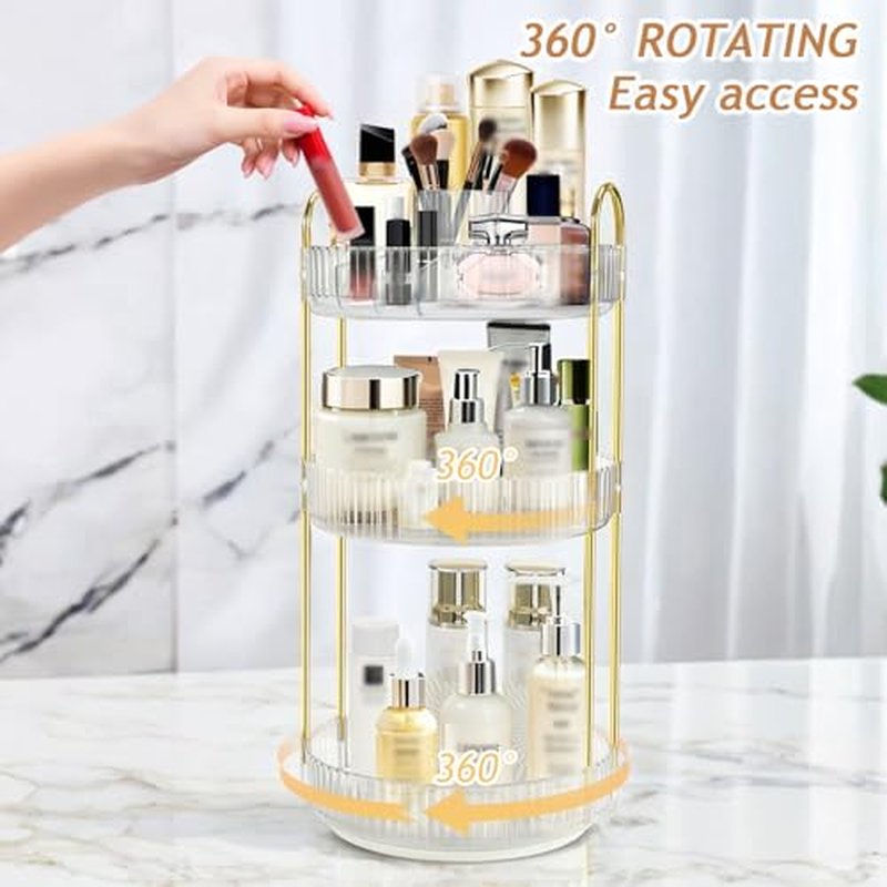 360° Rotating Makeup Organizer - 3-Tier Vanity Storage, White
