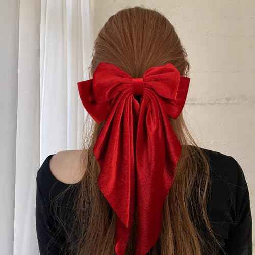 Bright Red Velvet Large Hair Bow Long Tail Bowknot Hair Barrette Clip 8.26 Inch Women Girls Fall Winter Ponytail Holder Hair Accessories