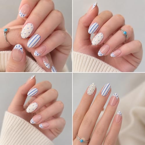 Blue White Stripe Almond Press On Nails - 24pcs