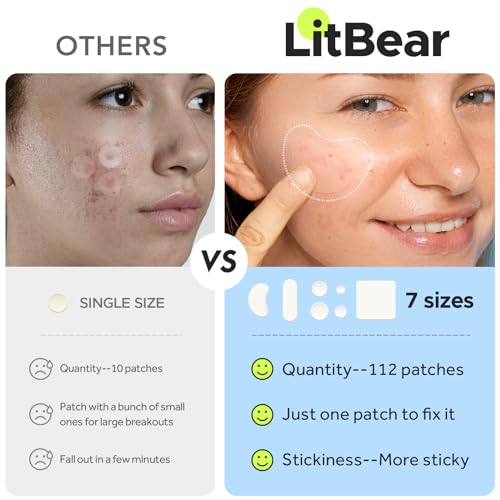 LitBear Large Pimple Patches (7 Sizes 112 Patches), Big Acne Patches, XL Hydrocolloid Bandages for Full Face, Forehead, Chin, Nose, Body, Back, Neck & Chest, Oval, Moon, Square hydrocolloid Patch