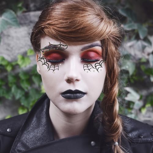 Halloween Face Tattoos Stickers Glitter Leopard Witch Spider Deer Face Gems Stickers for Women Men Halloween Costumes Party Decoration Supplies 4 Pcs
