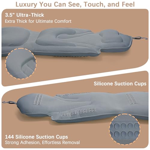 Ergonomic Full Body Bath Pillow for Bathtub, 5D Luxury Spa Cushion with 114 Non-Slip Suction Cups, Extra Long Thick Bath Pillow for Full Body Support, for Adult with Laundry Bag & Hook (Grey) (Gray)