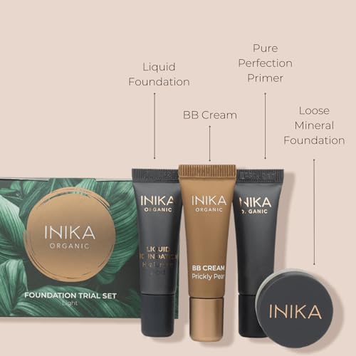 INIKA Organic Foundation Trial Set, Natural Mineral essentials kit, Vegan, Cruelty-Free, Paraben-Free, Rich in Antioxidants and Essential Fatty Acids, Comes in Sustainable Packaging - Light