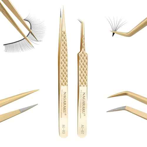 NAGARAKU 1 Pair Precision Fiber Tip Tweezer for Eyelash Extensions Professional Eyelash Tweezers Antistatic Straight & Curved Tip Tweezers with Box(Isolation & Volume Lash Tweezers AG-03 & AG-07)