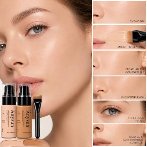 MooGlamor Full Coverage Liquid Foundation #03 Peach Beige with Built-In Brush