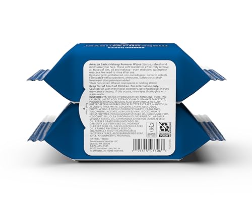 Amazon Basics Makeup Remover Wipes 2-Pack, Gentle & Waterproof Makeup Remover, 25 Count Each