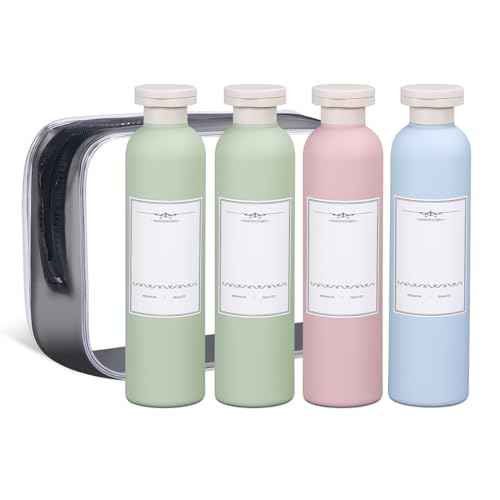 ASEVAT 8.8 oz Plastic Leak Proof Travel Bottles for Toiletries, Plastic Travel Size Containers, Shampoo and Conditioner Bottles Refillable Squeeze Bottle for Lotion, Body Wash (4Pcs)