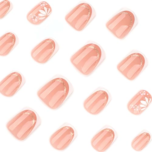 Stbisen 60-Blush Daisy French White Tip Square Press On Nails Short Nude Pink with Gold Glitter & Floral Design