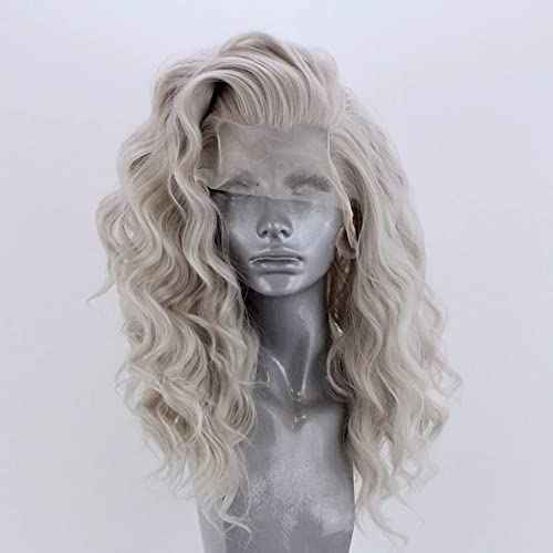 RONGDUOYI Shoulder Length Light Grey Body Wave Lace Front Wigs for Women Girls Heat Resistant Synthetic Wig with Free Part Ash Silver Natural Looking Daily Wear Wig (16Inch, 4503)