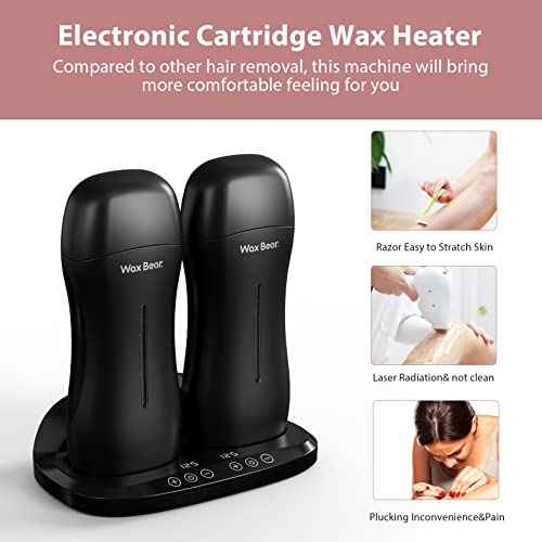 Wax Bear Roll On Warmer with Double Roller for Soft Wax Cartridges, Magnetic Heater Base for Hair Removal - Ideal for Home or Salon Use (Black)