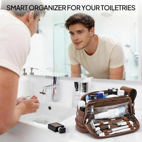 TOPEAST Large PU Leather Toiletry Bag for Men - Waterproof Dopp Kit