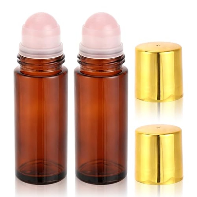 2 Pack 50ml Rose Quartz Essential Oil Roller Bottles - Amber Glass with Gold Cap