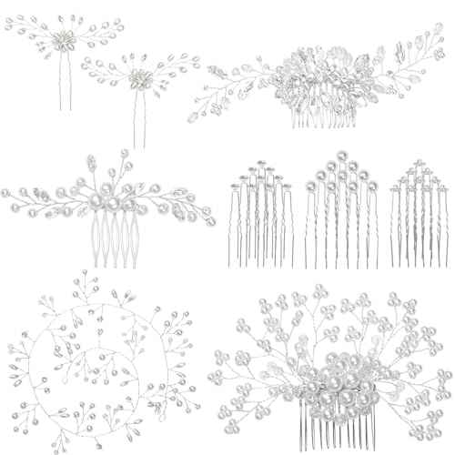 Gingbiss Wedding Hair Accessories Set for Bridal, Silver Pearl Rhinestone Hair Pins Wedding Hair Comb for Brides Bridesmaids Women Girls