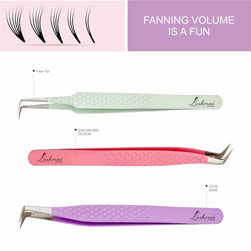 LASHORAA Lash Tweezers Set for Eyelash Extensions - 3 Piece Precision Fiber Tip Diamond Grip, Volume, L-Shape Boot, 90 Degree Tweezers - Includes Leather Case for Classic Lashes & Premade Fans
