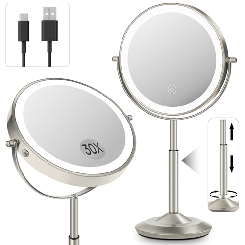 Makeup Mirror with Lights, 1X/30X Lighted Magnifying Mirror Height Adjustable, 3000mAh Rechargeable Double Sided Vanity Mirrors with 3 LED Lighting and Adjustable Brightness for Desk Women Gift