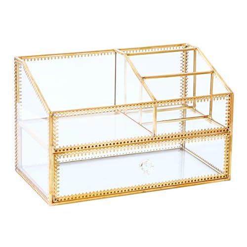 Golden Glass Box Vanity Tray Glass Case Makeup Display Organizer on Dresser, Multifunctional Cosmetic Storage for Palette Lipstick Makeup Brushes Skincare Perfumes Bathroom Accessories