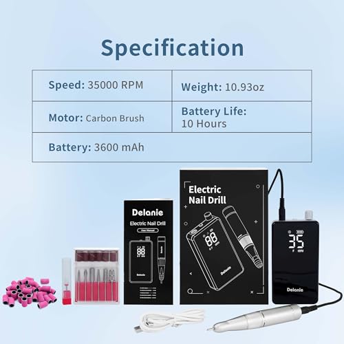 Delanie 35000 RPM Electric Nail Drill – Black, Professional Nail Drill for Acrylic & Gel Removal
