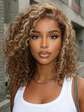 UNICE Glueless Curly Bob Wig 14" Human Hair Honey Blonde