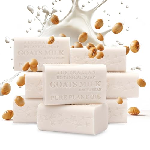 Australian Botanical Goats Milk Soap with Soya Bean Oil, Net Wt. 3.4 lb, 6.8 Ounce Bar Soap, Suitable for all Skin Types Pack of 8, Packaging May Vary