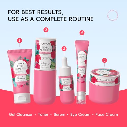Skin Care Set, with Natural Rosehip Oil, Vit-C & E Skincare Kits 5 Pcs- Restore Skin Elasticity, Refine Texture, Even Tone, Moisturizing, Glowing, for All Skin Types, Mother's Day Birthday Gift