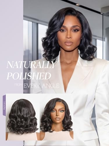 LUVME Hair Loose Body Wave Wig 14 Inch Natural Black HD Lace Side Part