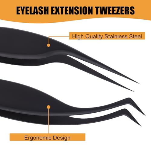 Lash Extension Tweezers, Professional Fiber Tip Lash Tweezer Set for Classic & Volume Lashes, High Precision Eyelash Tweezers Kit? Black Set of 2, Ideal for Lashes Artists