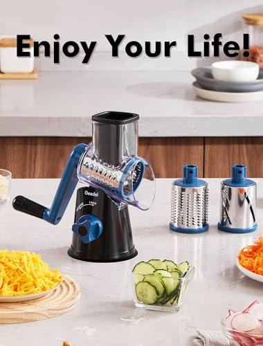 Geedel Rotary Cheese Grater, Kitchen Mandoline Vegetable Slicer with 3 Interchangeable Blades, Easy to Clean Rotary Grater Slicer for Fruit, Vegetables, Nuts