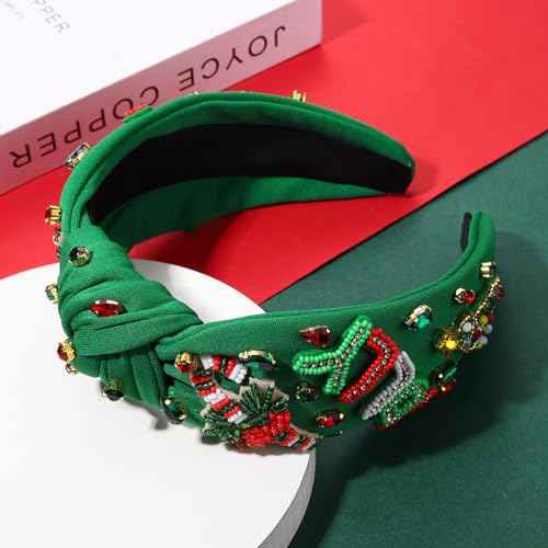 Rhinestone Crystal Jeweled Knotted Women's Christmas Headband - Red & Green - Winter Holiday Party Favors & Gifts