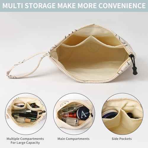 Small Cosmetic Bag set for Women Corduroy Makeup Bag with Interior Pocketes Cute Corduroy Makeup Pouches Women Small Toiletry Bag (Beige Smile)