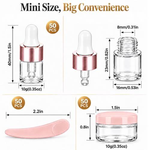 50 Pack 1ml Glass Dropper Bottles with Jars, Spatulas | Eikovia Pink/White Set